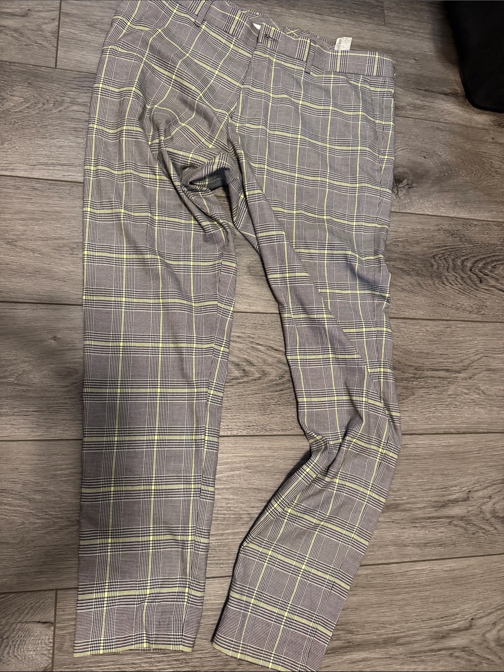Slim Fit Plaid Pants in Gray with Yellow Windowpane